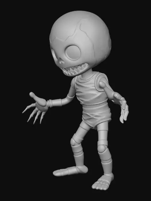 3D model for A creepy humanoid puppet animatronic stands ominously in a T-pose. Its head is distinctly split vertically: one half is vibrant red with a wide, jagged, toothy grin and unsettling dark eyes bleeding red, while the other is stark white with hollow, dark eye sockets and a sinister painted smile. The body maintains this stark division with one arm and torso segment red, the other white, transitioning to black limbs. Segmented grey bands encircle its waist and shins, culminating in simple, flat feet, embodying a disturbing, patched aesthetic.