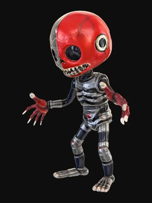 3D model for A creepy humanoid puppet animatronic stands ominously in a T-pose. Its head is distinctly split vertically: one half is vibrant red with a wide, jagged, toothy grin and unsettling dark eyes bleeding red, while the other is stark white with hollow, dark eye sockets and a sinister painted smile. The body maintains this stark division with one arm and torso segment red, the other white, transitioning to black limbs. Segmented grey bands encircle its waist and shins, culminating in simple, flat feet, embodying a disturbing, patched aesthetic.