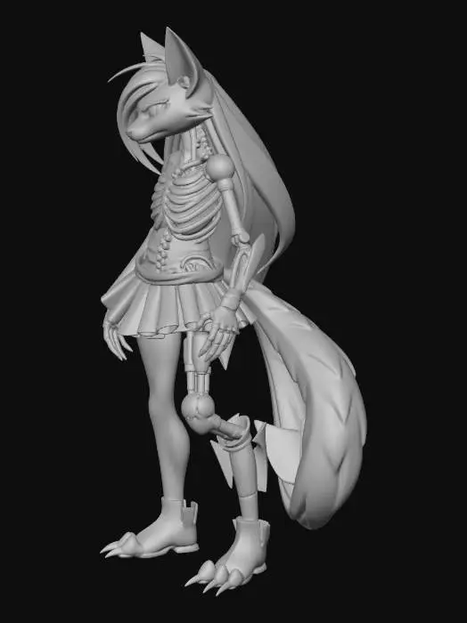 3D model for A detailed grayscale pencil sketch of a stylized anthropomorphic creature, presenting a vertical split design. The left half depicts a soft, cartoonish feline or vulpine character with long hair, wearing a short pleated skirt and banded thigh-high elements, appearing plush. The right half exposes a menacing, intricate metallic endoskeleton with visible joints, sharp rib-like structures, a skeletal arm, and spiky armored leg plating. Both oversized feet are mechanical, featuring sharp, animatronic claws, blending organic softness with menacing robotics.