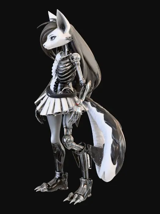 3D model for A detailed grayscale pencil sketch of a stylized anthropomorphic creature, presenting a vertical split design. The left half depicts a soft, cartoonish feline or vulpine character with long hair, wearing a short pleated skirt and banded thigh-high elements, appearing plush. The right half exposes a menacing, intricate metallic endoskeleton with visible joints, sharp rib-like structures, a skeletal arm, and spiky armored leg plating. Both oversized feet are mechanical, featuring sharp, animatronic claws, blending organic softness with menacing robotics.