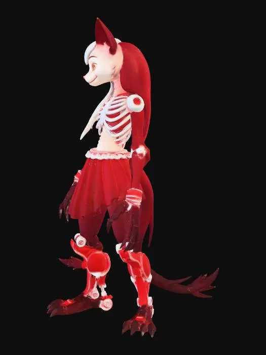 3D model for A detailed grayscale pencil sketch of a stylized anthropomorphic creature, presenting a vertical split design. The left half depicts a soft, cartoonish feline or vulpine character with long hair, wearing a short pleated skirt and banded thigh-high elements, appearing plush. The right half exposes a menacing, intricate metallic endoskeleton with visible joints, sharp rib-like structures, a skeletal arm, and spiky armored leg plating. Both oversized feet are mechanical, featuring sharp, animatronic claws, blending organic softness with menacing robotics.