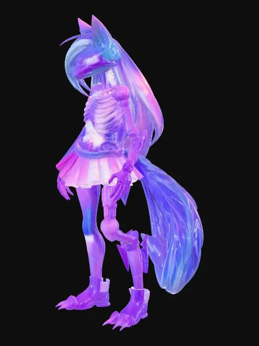 3D model for A detailed grayscale pencil sketch of a stylized anthropomorphic creature, presenting a vertical split design. The left half depicts a soft, cartoonish feline or vulpine character with long hair, wearing a short pleated skirt and banded thigh-high elements, appearing plush. The right half exposes a menacing, intricate metallic endoskeleton with visible joints, sharp rib-like structures, a skeletal arm, and spiky armored leg plating. Both oversized feet are mechanical, featuring sharp, animatronic claws, blending organic softness with menacing robotics.