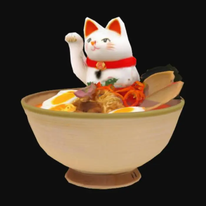 3D model for a Pretty But Yummy Bowl of Ramen with a Cute Lucky Cat Sitting Beside it