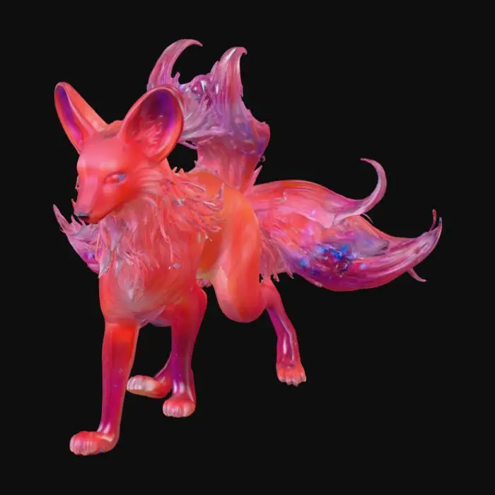 3D model for A majestic celestial fox, its body crafted from translucent red glass that softly glows from within. Nine lovely, flowing tails extend gracefully, each shimmering with embedded silver stardust across its surface. The ethereal structure is infused with swirling galaxy colors, showcasing deep blues, purples, and pinks that appear to move fluidly. Numerous pretty, multifaceted gems are elegantly set into its glassy hide, reflecting light and enhancing its enchanting and smooth tactile texture.
