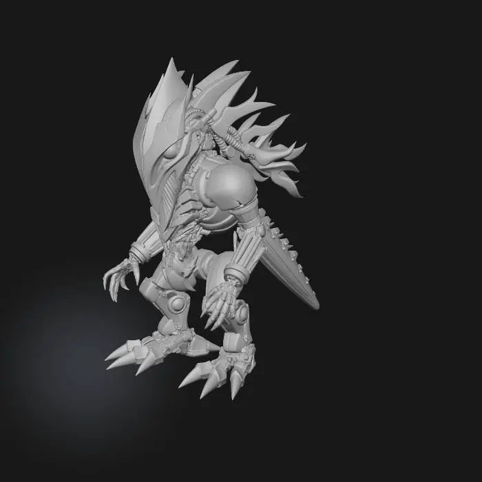 3D model for A menacing anthropomorphic animatronic, combining assassin sleekness with a bloodmoon aesthetic, stands in a predatory stance. Its head is vertically bisected: one half deep crimson with a fang and angular, red-pupiled eye, the other stark white with a mirrored eye, both featuring red blush. The segmented body continues this division with matte black armor on one side, contrasting polished crimson plating on the other. Visible mechanical joints and lean limbs suggest agile movement, reminiscent of a sinister FNAF Moondrop.