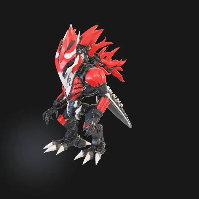 3D model for A menacing anthropomorphic animatronic, combining assassin sleekness with a bloodmoon aesthetic, stands in a predatory stance. Its head is vertically bisected: one half deep crimson with a fang and angular, red-pupiled eye, the other stark white with a mirrored eye, both featuring red blush. The segmented body continues this division with matte black armor on one side, contrasting polished crimson plating on the other. Visible mechanical joints and lean limbs suggest agile movement, reminiscent of a sinister FNAF Moondrop.