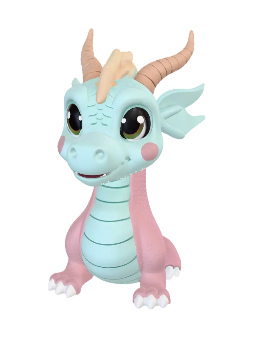 Adorable chibi baby dragon head bust, oversized round sparkling anime eyes, two… - Turquoise 3D model, vytvořený pomocí AI