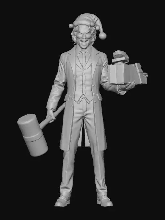 3D model for “Create a highly detailed, stylized 3D character inspired by The Joker, reimagined in a Christmas theme. The character has white face paint, dark green eye makeup, a wide sinister red smile, and messy green hair. He wears a red Santa hat decorated with green ornaments. Outfit: a dark red coat with green lapels, a bright green vest, and a green shirt underneath. Pants are purple with subtle pinstripes, paired with purple shoes. In his right hand, he holds a large candy-cane hammer; in his left hand, he holds a red Christmas gift box with a small wind-up chattering teeth toy emerging from inside. Full-body model, standing pose, with a menacing yet humorous Joker-style expression. Stylized but realistic PBR textures, clean silhouette, and light snowfall ambience.”, #Christmas2025#