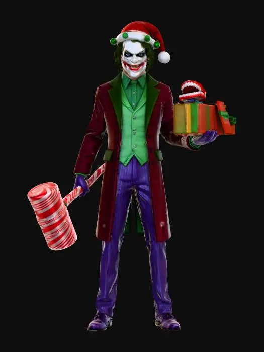 3D model for “Create a highly detailed, stylized 3D character inspired by The Joker, reimagined in a Christmas theme. The character has white face paint, dark green eye makeup, a wide sinister red smile, and messy green hair. He wears a red Santa hat decorated with green ornaments. Outfit: a dark red coat with green lapels, a bright green vest, and a green shirt underneath. Pants are purple with subtle pinstripes, paired with purple shoes. In his right hand, he holds a large candy-cane hammer; in his left hand, he holds a red Christmas gift box with a small wind-up chattering teeth toy emerging from inside. Full-body model, standing pose, with a menacing yet humorous Joker-style expression. Stylized but realistic PBR textures, clean silhouette, and light snowfall ambience.”, #Christmas2025#