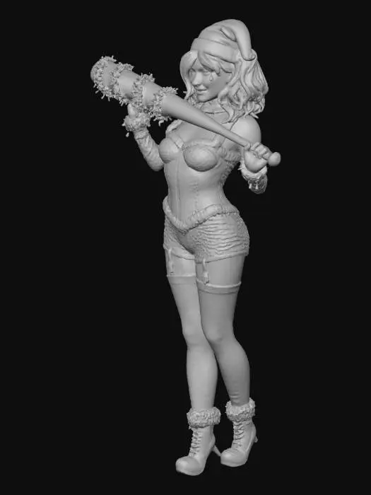 3D model for Create a highly detailed, stylized 3D character inspired by Harley Quinn, redesigned in a festive Christmas theme. The character has pale skin, expressive makeup, a mischievous smile, and blonde pigtails with vibrant red and green dyed tips. She wears a red Santa hat decorated with white fur and small golden bells. Her outfit is a glittery red-green corset bodysuit with white fur trims, fitted and shiny, reflecting holiday colors. She wears mismatched thigh-high stockings: one red-white striped and one solid green, along with red-green high-heeled boots with fur cuffs. She holds an oversized candy-cane staff wrapped in red, white, and gold ribbons. Full-body standing pose, confident and playful, surrounded by light snowfall, with vivid colors and stylized PBR textures.”, #Christmas2025#