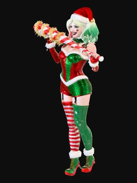 3D model for Create a highly detailed, stylized 3D character inspired by Harley Quinn, redesigned in a festive Christmas theme. The character has pale skin, expressive makeup, a mischievous smile, and blonde pigtails with vibrant red and green dyed tips. She wears a red Santa hat decorated with white fur and small golden bells. Her outfit is a glittery red-green corset bodysuit with white fur trims, fitted and shiny, reflecting holiday colors. She wears mismatched thigh-high stockings: one red-white striped and one solid green, along with red-green high-heeled boots with fur cuffs. She holds an oversized candy-cane staff wrapped in red, white, and gold ribbons. Full-body standing pose, confident and playful, surrounded by light snowfall, with vivid colors and stylized PBR textures.”, #Christmas2025#