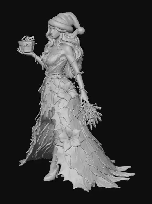 3D model for Create a highly detailed 3D character inspired by Poison Ivy in a Christmas-themed design. She has vibrant green skin, long wavy red hair, and a red Santa hat with white fur trim. Her dress is crafted from layered holly and poinsettia leaves in deep green and bright red, forming a natural yet elegant silhouette. Glowing vine tendrils wrap around her arms, legs, and waist, decorated with tiny festive lights. She holds a magical small gift wrapped in vines in one hand and a glowing mistletoe bouquet in the other. Full-body pose, confident and enchanting, surrounded by soft snowfall and warm holiday sparkles, rendered with vivid stylized PBR textures.”, #Christmas2025#