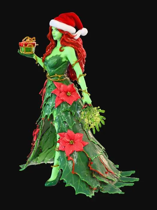 3D model for Create a highly detailed 3D character inspired by Poison Ivy in a Christmas-themed design. She has vibrant green skin, long wavy red hair, and a red Santa hat with white fur trim. Her dress is crafted from layered holly and poinsettia leaves in deep green and bright red, forming a natural yet elegant silhouette. Glowing vine tendrils wrap around her arms, legs, and waist, decorated with tiny festive lights. She holds a magical small gift wrapped in vines in one hand and a glowing mistletoe bouquet in the other. Full-body pose, confident and enchanting, surrounded by soft snowfall and warm holiday sparkles, rendered with vivid stylized PBR textures.”, #Christmas2025#