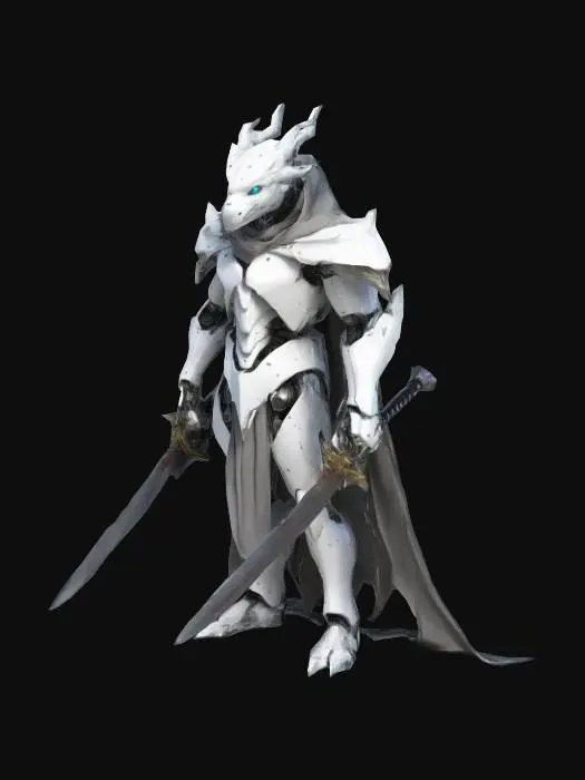 3D model for Dragon like, humanoid, robot, wearing a hooded cloak wielding 2 long swords