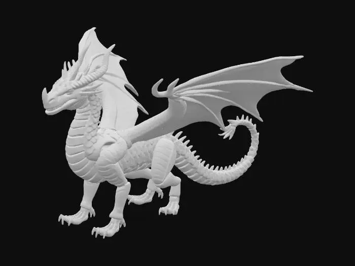 3D model for Design a 3D-printable articulated dragon with segmented body parts that allow flexible movement. Include a detailed head with horns, expressive eyes, and an open jaw. The body should feature interlocking scales, movable spine segments, and poseable limbs. Add wings with layered textures and a tail that curves naturally. Prioritize printability without supports, using ball-and-socket or hinge-style joints. Style it with a fantasy aesthetic—sleek, majestic, and slightly menacing. Suitable for PLA or TPU filament