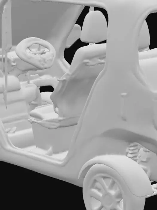 3D model for “Compact quadricycle EV, 2.8 m × 1.5 m, two side-by-side seats. 72V 80Ah underfloor battery, 5 kW rear hub motor. Boxy cabin, curved windshield, slim LED headlights, modular removable doors.”