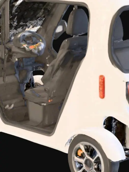 3D model for “Compact quadricycle EV, 2.8 m × 1.5 m, two side-by-side seats. 72V 80Ah underfloor battery, 5 kW rear hub motor. Boxy cabin, curved windshield, slim LED headlights, modular removable doors.”