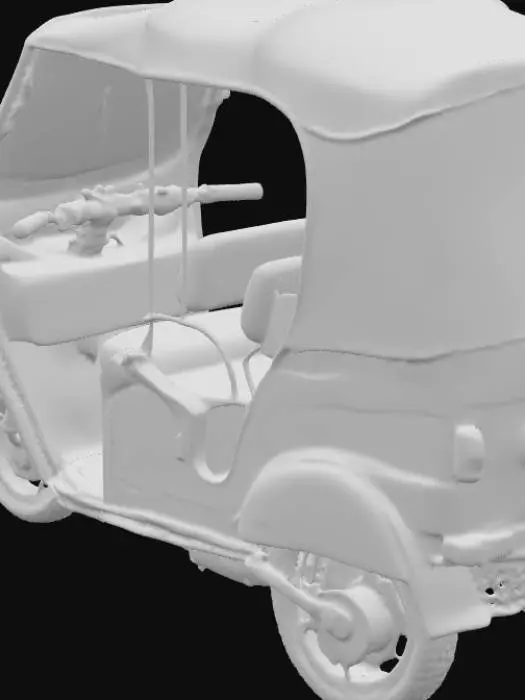 3D model for “A three-wheel electric rickshaw with a lightweight tubular frame and detachable canopy. Layout: two passengers on a cushioned bench, driver up front with motorcycle-style bars. Power: 3 kW rear hub motor on a reinforced trailing arm; 72 V, 40 Ah battery under the seat in a lockable steel box; sine-wave controller behind driver partition with perforated cover. Body: side curtain rails, soft vinyl curtains with clear windows, removable canopy with stitching detail. Wheels: 12-inch steel rims, drum front brake, rear disc upgrade kit. Details: LED headlamp, roof marker LEDs, side mirrors, grab handles, footboard with anti-slip texture, fare meter mount. Finish: bright taxi yellow with black piping, chrome trim, reflective tape. Clean studio, 3/4 front-right, realistic fabrics and vinyl
