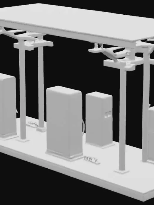 3D model for “A modular solar EV charging canopy for four vehicles. Structure: galvanized H-beam columns with base plates and anchor bolts, cable trays routed overhead. Canopy: tilted photovoltaic array (monocrystalline panels with black frames, MC4 leads), micro-inverter blocks, rain gutter with downspout. Storage: side battery rack enclosure with louvered doors and active ventilation; inside: stacked lithium modules in aluminum cases, busbars with clear covers, DC fuses, orange HV cabling, fire cut-off pull. Charging: four pedestals with CCS/Type-2 cables on retractable reels, pedestal screens with status LEDs, floor wheel stops with reflectors. Signage: Eco Mobility logo, energy flow LED strip, safety placards. Finish: matte light-gray columns, black panel frames, green accent piping. Clean plaza