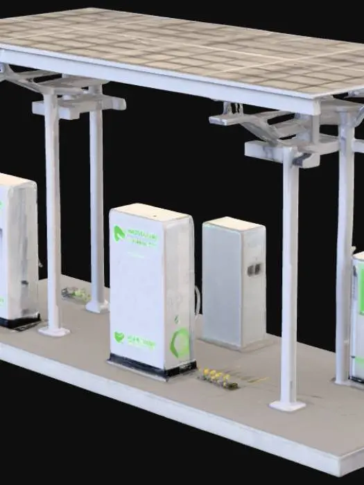 3D model for “A modular solar EV charging canopy for four vehicles. Structure: galvanized H-beam columns with base plates and anchor bolts, cable trays routed overhead. Canopy: tilted photovoltaic array (monocrystalline panels with black frames, MC4 leads), micro-inverter blocks, rain gutter with downspout. Storage: side battery rack enclosure with louvered doors and active ventilation; inside: stacked lithium modules in aluminum cases, busbars with clear covers, DC fuses, orange HV cabling, fire cut-off pull. Charging: four pedestals with CCS/Type-2 cables on retractable reels, pedestal screens with status LEDs, floor wheel stops with reflectors. Signage: Eco Mobility logo, energy flow LED strip, safety placards. Finish: matte light-gray columns, black panel frames, green accent piping. Clean plaza