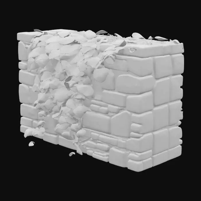 3D model for A slender segment of a weathered grey stone wall, its thin profile revealing the precise cuts of its ancient, irregular blocks. Vibrant green ivy, featuring medium-sized, glossy leaves, densely covers its upper left portion, tapering slightly as it moves right. The rough, pitted texture of the stone contrasts with the smooth, waxy feel of the leaves. This module is designed to connect, with ivy tendrils extending slightly beyond one edge for a continuous flow.