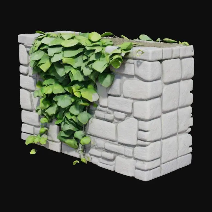3D model for A slender segment of a weathered grey stone wall, its thin profile revealing the precise cuts of its ancient, irregular blocks. Vibrant green ivy, featuring medium-sized, glossy leaves, densely covers its upper left portion, tapering slightly as it moves right. The rough, pitted texture of the stone contrasts with the smooth, waxy feel of the leaves. This module is designed to connect, with ivy tendrils extending slightly beyond one edge for a continuous flow.