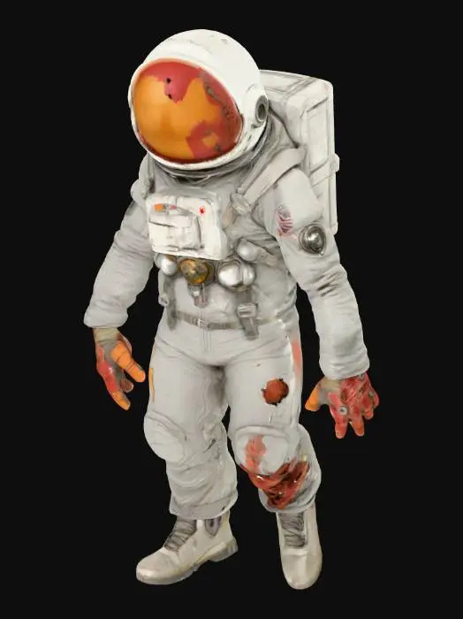 3D model for Un astronauta mutante dalla tuta spaziale sporca e grigia, lacerata in modo trasandato sul braccio destro e sulla gamba sinistra. Il casco rotondo è frantumato sul lato destro, da cui sporge una parte deforme della testa, esposta e dall'aspetto mutato. La pelle delle braccia è di un colorito rossastro e malsano. La sua postura è leggermente gobba e innaturale. La mano sinistra è mutata e ingigantita, con tre dita tozze e artigliate, rendendola grottesca e minacciosa.