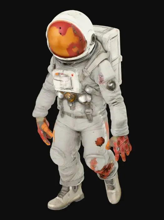 3D model for Un astronauta mutante dalla tuta spaziale sporca e grigia, lacerata in modo trasandato sul braccio destro e sulla gamba sinistra. Il casco rotondo è frantumato sul lato destro, da cui sporge una parte deforme della testa, esposta e dall'aspetto mutato. La pelle delle braccia è di un colorito rossastro e malsano. La sua postura è leggermente gobba e innaturale. La mano sinistra è mutata e ingigantita, con tre dita tozze e artigliate, rendendola grottesca e minacciosa.