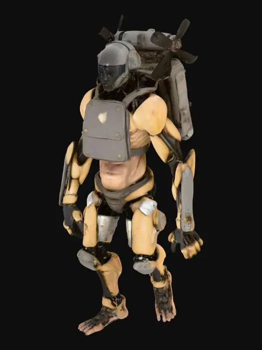 3D model for Un umanoide senza gambe, con un torso muscoloso che termina in una complessa struttura meccanica. Il braccio destro è assente, e al posto della spalla una placca di armatura metallica robusta chiude la ferita. Sulla schiena porta uno zainetto compatto dotato di propulsori scuri. La sua pelle è sporca di fuliggine, olio e sporcizia su collo, braccia e sulla parte inferiore del tronco, conferendogli un aspetto trasandato.