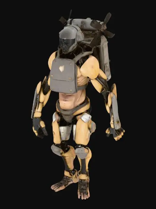 3D model for Un umanoide senza gambe, con un torso muscoloso che termina in una complessa struttura meccanica. Il braccio destro è assente, e al posto della spalla una placca di armatura metallica robusta chiude la ferita. Sulla schiena porta uno zainetto compatto dotato di propulsori scuri. La sua pelle è sporca di fuliggine, olio e sporcizia su collo, braccia e sulla parte inferiore del tronco, conferendogli un aspetto trasandato.