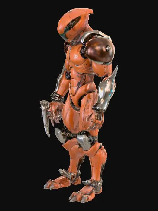3D model for A humanoid hybrid of man and robot. The metallic parts are rusty, with a worn and corroded texture. The human skin is brick-red, like the surface of Mars. The torso has mechanical plates, bolts, and exposed circuits. One arm has a retractable blade instead of a hand, and the other has a robotic claw. The head is robotic with a single
central mechanical eye. The legs are asymmetrical: one organic with reinforced armor, the other fully mechanical with joints and pistons. Highly detailed, concept art style, suitable for 3D model creation. please keep the hands a bit distant from the legs otherwise the model will stick some parts of the hands on the legs
, #PBR#