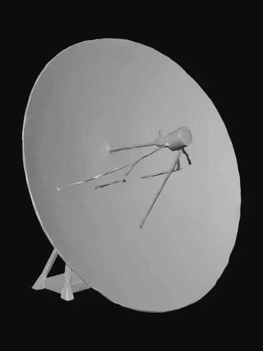 3D model for Un vecchio radar con la parabola e una antenna nel centro di metallo con ammaccature e rotture, sporco di sabbia
