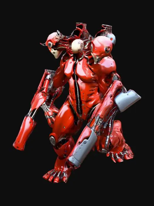 3D model for Dark sci-fi biomechanical mutant creature. Two partially fused humanoid torsos sharing one pelvis and pair of legs, slightly twisted posture. Organic red skin mixed with cybernetic implants, cables and metal plates. Two heads: one with damaged mechanical helmet and sensors, one exposed mutated head with tech implants. Right arm: cybernetic arm with long integrated blade replacing the forearm for melee combat. Left arm: forearm and hand fully replaced by compact bazooka-like launcher integrated into the arm, no hand. One leg partially mechanical with pistons, one organic mutated leg. Cyberpunk experimental bio-weapon style. Clean game-ready mesh, no floating parts, no intersections, properly connected geometry, good topology for rigging, PBR textures, neutral A-pose, 30–60k polys, suitable