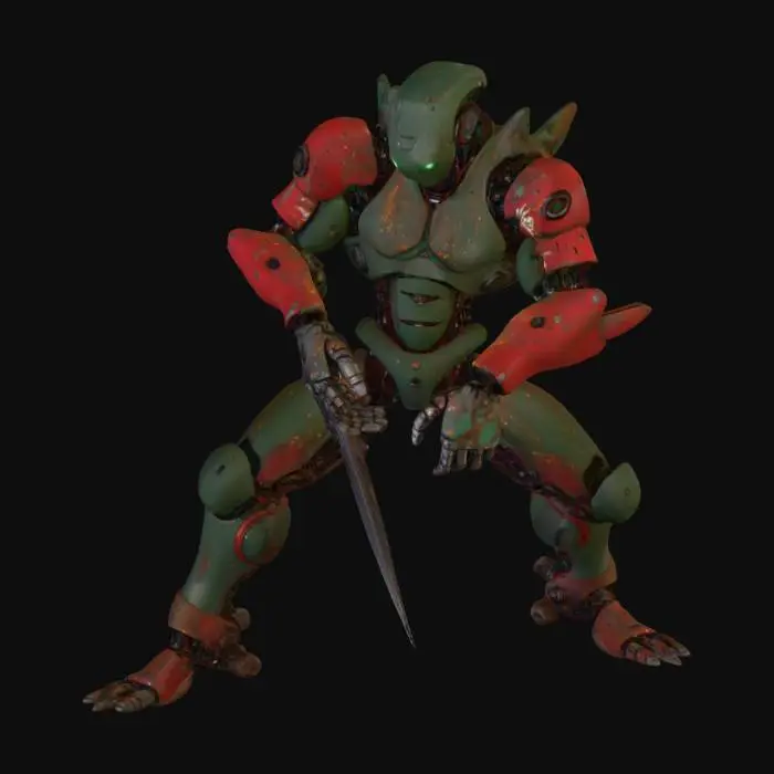 3D model for A humanoid hybrid of man and robot. The metallic parts are rusty, with a worn and corroded texture. The human skin is dark green mixed with red splashes. The torso has mechanical plates, bolts, and exposed circuits. One arm has a retractable blade instead of the forearms, and the other has a robotic claw. The head is robotic with a single
central mechanical eye. the other hand has a braclet with spikes and .The legs are asymmetrical: one organic with reinforced armor, the other fully mechanical with joints and pistons. Highly detailed, concept art style, suitable for 3D model creation. please keep the hands a bit distant from the legs otherwise the model will stick some parts of the hands on the legs.
, #PBR#