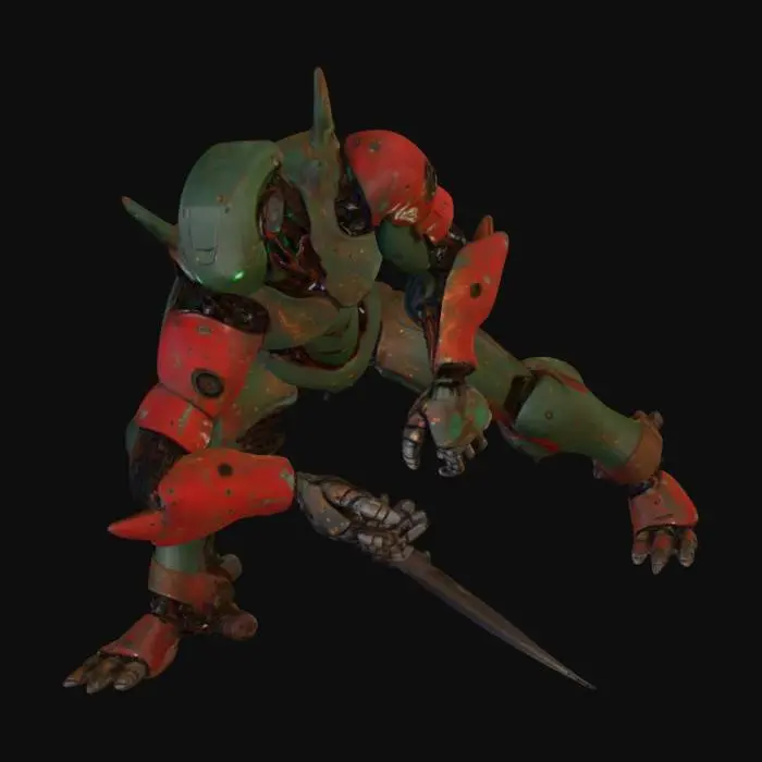 3D model for A humanoid hybrid of man and robot. The metallic parts are rusty, with a worn and corroded texture. The human skin is dark green mixed with red splashes. The torso has mechanical plates, bolts, and exposed circuits. One arm has a retractable blade instead of the forearms, and the other has a robotic claw. The head is robotic with a single
central mechanical eye. the other hand has a braclet with spikes and .The legs are asymmetrical: one organic with reinforced armor, the other fully mechanical with joints and pistons. Highly detailed, concept art style, suitable for 3D model creation. please keep the hands a bit distant from the legs otherwise the model will stick some parts of the hands on the legs.
, #PBR#