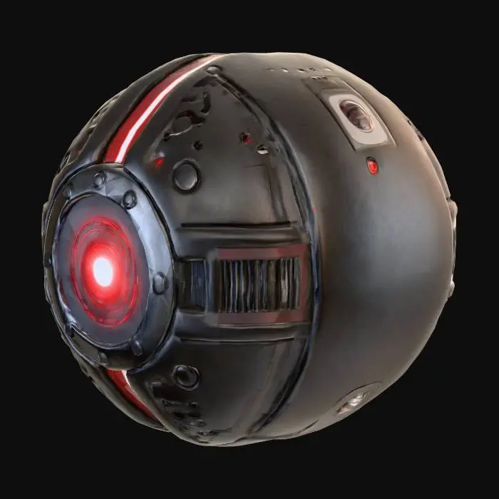 3D model for camera observation drone, with titanium color for the metal and white eye and white lights low poly memory saving implementation. colors for the metal is rusty blak and for the poer lines is white blue