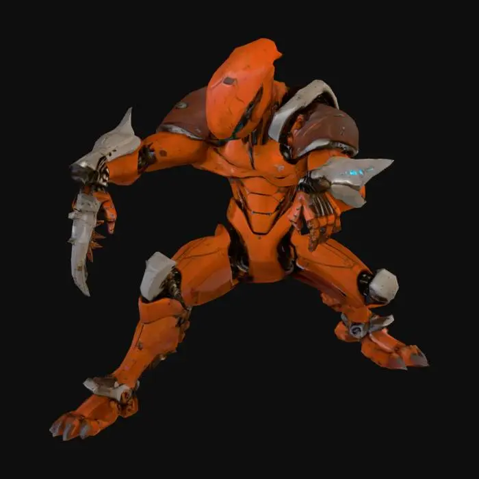 3D model for A humanoid hybrid of man and robot. The metallic parts are rusty, with a worn and corroded texture. The human skin is brick-red, like the surface of Mars. The torso has mechanical plates, bolts, and exposed circuits. One arm has a retractable blade instead of a hand, and the other has a robotic claw. The head is robotic with a single
central mechanical eye. The legs are asymmetrical: one organic with reinforced armor, the other fully mechanical with joints and pistons. Highly detailed, concept art style, suitable for 3D model creation. please keep the hands a bit distant from the legs otherwise the model will stick some parts of the hands on the legs
, #PBR#