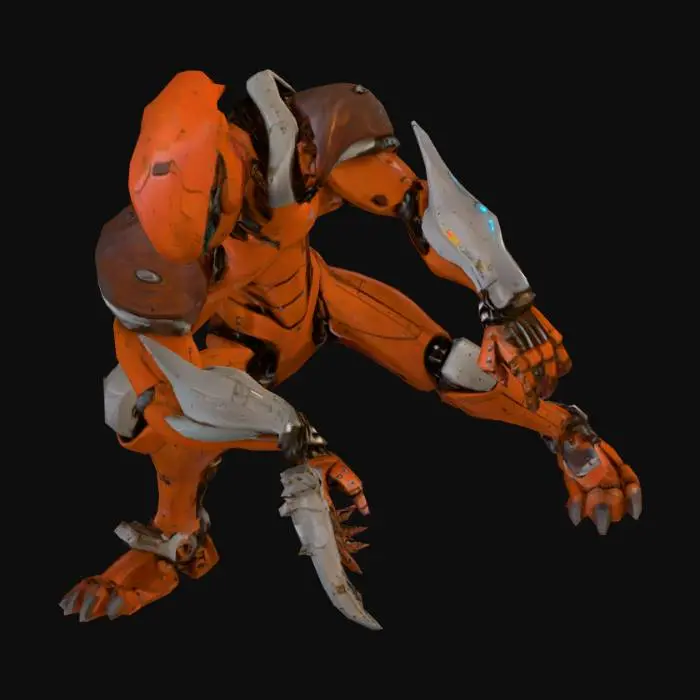 3D model for A humanoid hybrid of man and robot. The metallic parts are rusty, with a worn and corroded texture. The human skin is brick-red, like the surface of Mars. The torso has mechanical plates, bolts, and exposed circuits. One arm has a retractable blade instead of a hand, and the other has a robotic claw. The head is robotic with a single
central mechanical eye. The legs are asymmetrical: one organic with reinforced armor, the other fully mechanical with joints and pistons. Highly detailed, concept art style, suitable for 3D model creation. please keep the hands a bit distant from the legs otherwise the model will stick some parts of the hands on the legs
, #PBR#