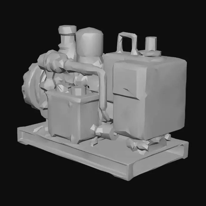 3D model for A robust steampunk power generator, heavily caked in reddish Martian dust. Its intricate structure features weathered brass gears, copper pipes, and dark iron casings, all displaying a gritty, aged texture. A prominent, smooth light blue battery provides a striking color contrast amidst the complex, dark metallic machinery. The generator feels substantial and powerful, a blend of antique engineering and extraterrestrial grit.