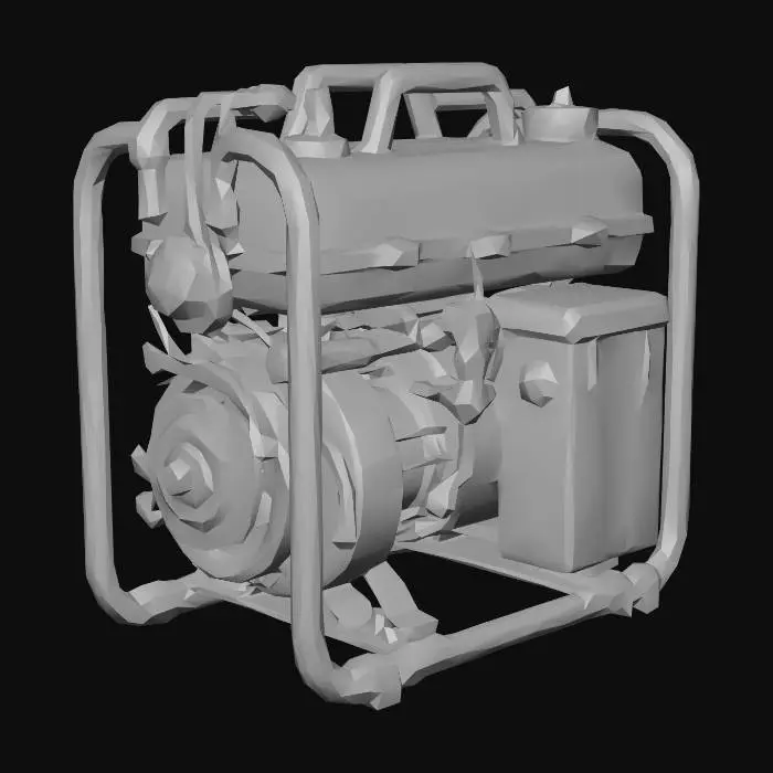 3D model for A robust steampunk power generator, heavily caked in reddish Martian dust. Its intricate structure features weathered brass gears, copper pipes, and dark iron casings, all displaying a gritty, aged texture. A prominent, smooth light blue battery provides a striking color contrast amidst the complex, dark metallic machinery. The generator feels substantial and powerful, a blend of antique engineering and extraterrestrial grit.