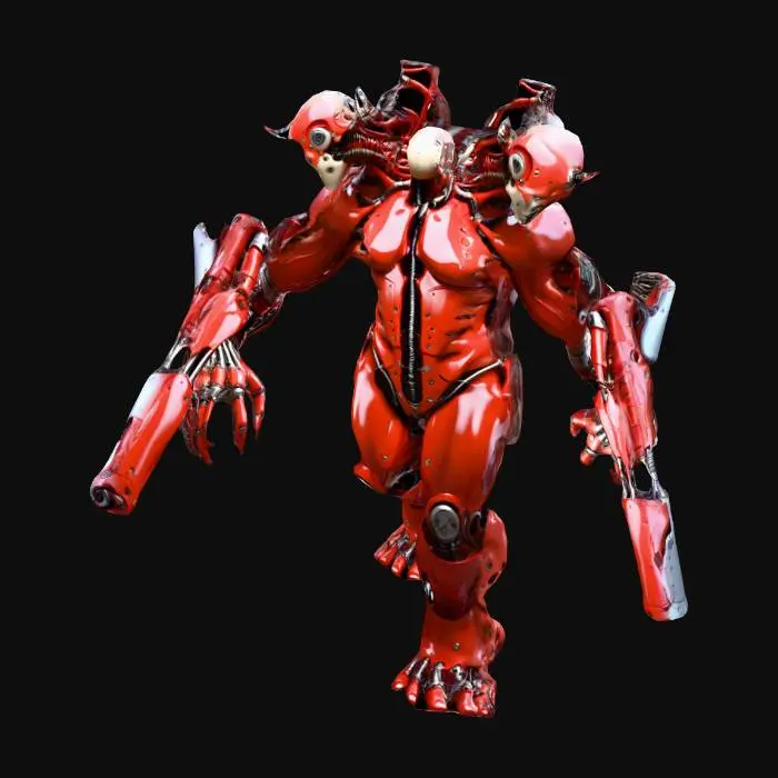 3D model for Dark sci-fi biomechanical mutant creature. Two partially fused humanoid torsos sharing one pelvis and pair of legs, slightly twisted posture. Organic red skin mixed with cybernetic implants, cables and metal plates. Two heads: one with damaged mechanical helmet and sensors, one exposed mutated head with tech implants. Right arm: cybernetic arm with long integrated blade replacing the forearm for melee combat. Left arm: forearm and hand fully replaced by compact bazooka-like launcher integrated into the arm, no hand. One leg partially mechanical with pistons, one organic mutated leg. Cyberpunk experimental bio-weapon style. Clean game-ready mesh, no floating parts, no intersections, properly connected geometry, good topology for rigging, PBR textures, neutral A-pose, 30–60k polys, suitable