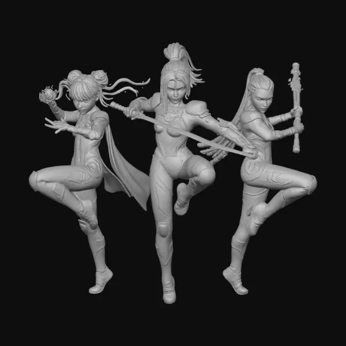 3D model for K-pop Demon Hunter trio, slaying demons, wearing colorful k-pop inspired bodysuits