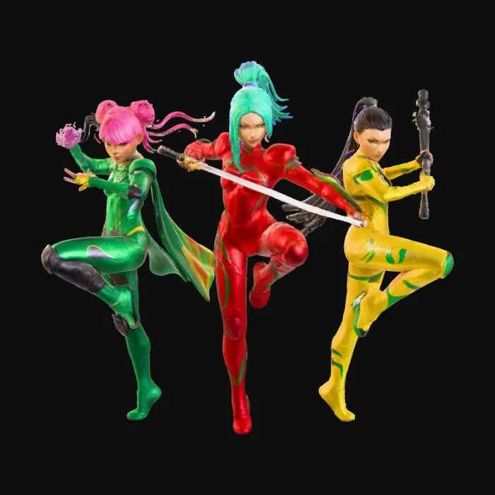 3D model for K-pop Demon Hunter trio, slaying demons, wearing colorful k-pop inspired bodysuits
