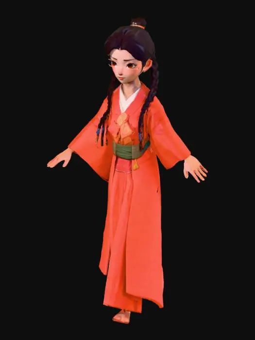 3D model for T-pose female character, full body, rig ready, **low-poly style, Donghua stylized, minimalist design**, young cultivator, simple flowing robes (Hanfu inspired), long braided hair, clean stylized face, expressive eyes, clear anatomy, 3D model, game asset, smooth shading, vibrant colors, single character.