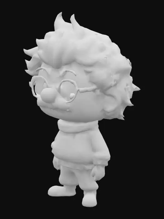 3D model for creer un personnage façon chibi ressemblant a Albert Einstein. ce personnage portera un col roulé gris et un pantalon noir.