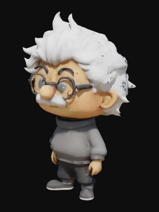 3D model for creer un personnage façon chibi ressemblant a Albert Einstein. ce personnage portera un col roulé gris et un pantalon noir.