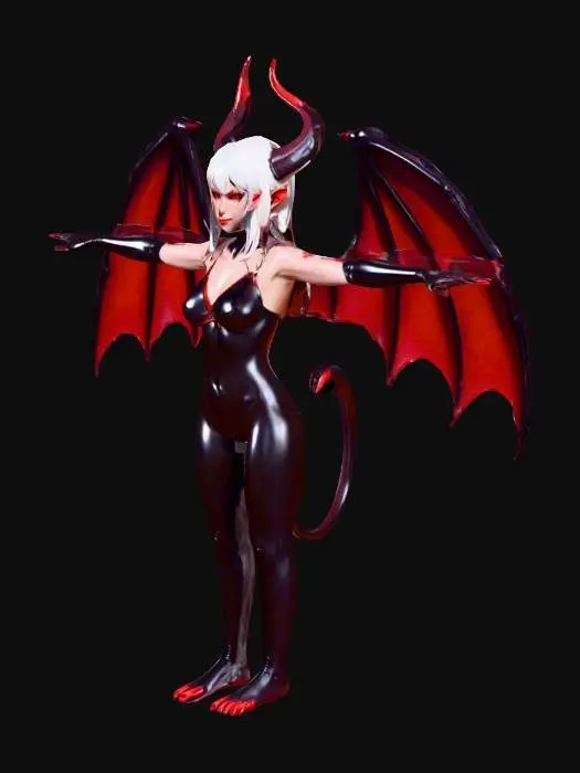 3D model for Masterpiece, high quality, anime style character reference sheet, 1girl, demon girl, succubus, short white hair, red eyes, sly smile.

Pose: T-pose, standing straight, arms outstretched to sides, symmetrical pose, front view, full body shot.

Outfit: Shiny black and red latex bodysuit, intricate strap details, glossy texture, high-cut leotard, thigh-high black latex boots, red cuffs on wrists and ankles, collar.

Features: Red curved horns on head, large red bat wings fully spread, red demon tail.