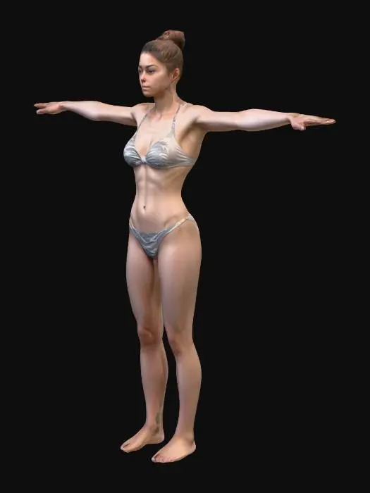 3D model for Subject: Full-body character reference of a young woman standing in a strict T-pose (arms outstretched horizontally at shoulder height). Attire: She is wearing a fitted, solid-colored bikini that clearly displays anatomical landmarks. Physique: Realistic proportions, athletic build, facing forward with a neutral expression. Environment: Clean, neutral grey or white studio background to ensure focus on the silhouette. Technical Specs: High-resolution concept art, flat even lighting (no heavy shadows), 8k resolution, photorealistic style, suitable for 3D rigging.