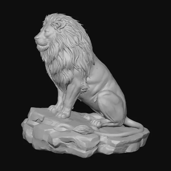 3D model for 동물원에 있는 숫사자, 바위에 앉아있는 모습, 멋진 갈기, 웹툰 스타일, 디테일 있는 채색, 낮은 채도, 배경생략,masterpiece, highres