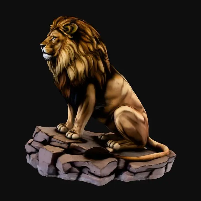 3D model for 동물원에 있는 숫사자, 바위에 앉아있는 모습, 멋진 갈기, 웹툰 스타일, 디테일 있는 채색, 낮은 채도, 배경생략,masterpiece, highres